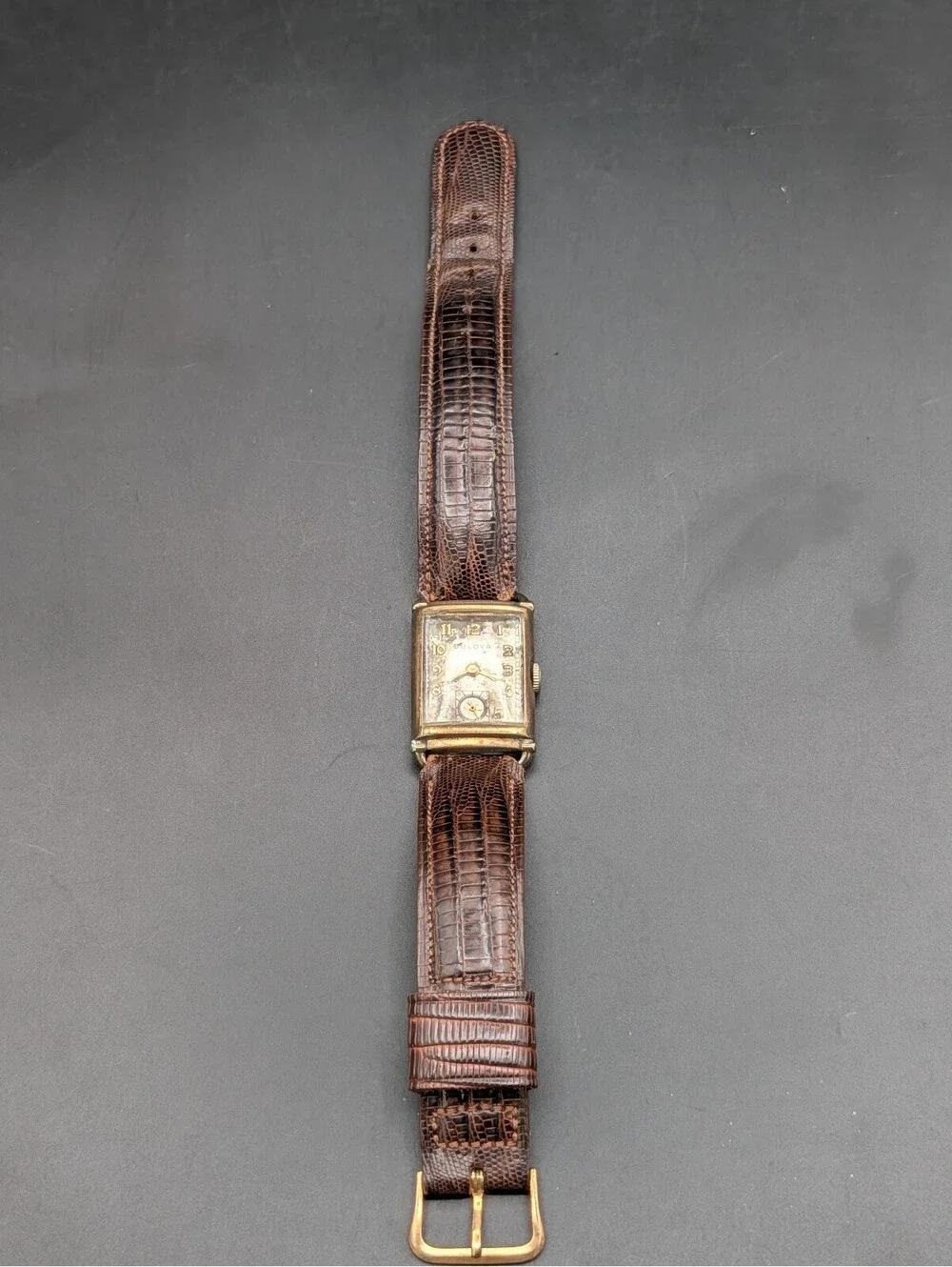 Vintage Bulova 10K Gold Filled Art Deco Rectangular Tank Watch Sub Second 1940s